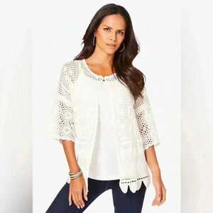 NWOT Roaman’s Scallop-Trim Crochet Cardigan, Size 1X (22/24), White